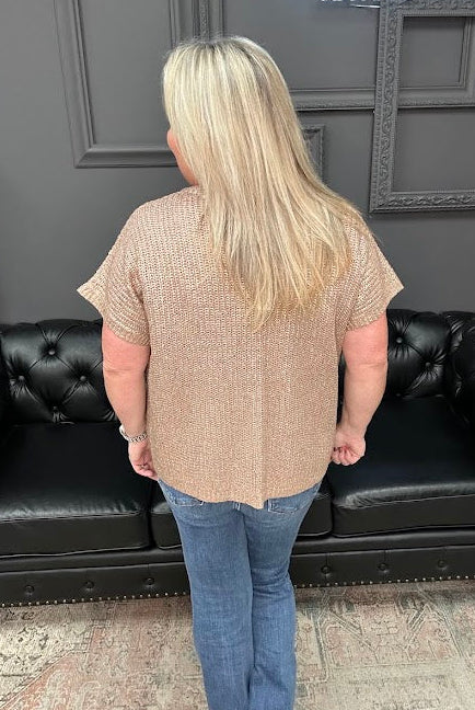 metallic sweater top, shimmer knit top, v-neck sweater tee, coated sweater top, dressy short sleeve top, holiday top, gold shimmer top, burgundy metallic top, Gypsy River top, viscose sweater tee, lightweight shimmer blouse