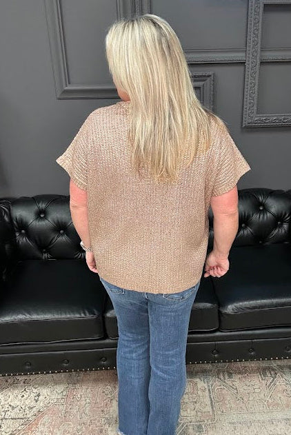 metallic sweater top, shimmer knit top, v-neck sweater tee, coated sweater top, dressy short sleeve top, holiday top, gold shimmer top, burgundy metallic top, Gypsy River top, viscose sweater tee, lightweight shimmer blouse