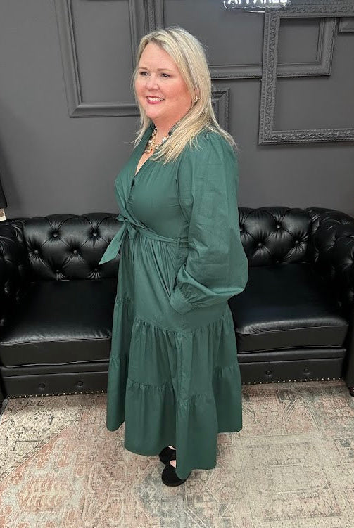 surplice midi dress, cotton tiered dress, long sleeve wrap style dress, green midi dress, dress with pockets, fall midi dress, holiday dress women, Gypsy River dress, breathable cotton dress