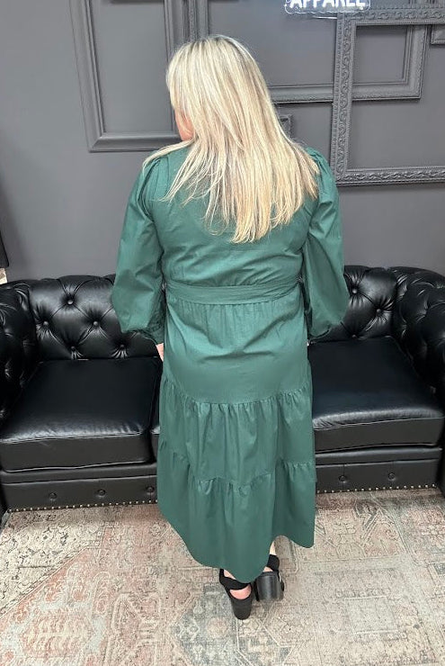 surplice midi dress, cotton tiered dress, long sleeve wrap style dress, green midi dress, dress with pockets, fall midi dress, holiday dress women, Gypsy River dress, breathable cotton dress