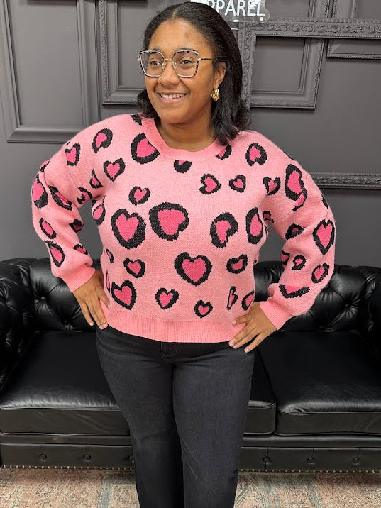 leopard heart sweater, Valentine sweater, heart sweater top, women’s novelty sweater, boutique sweaters, Gypsy River Apparel