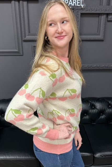 Valentine sweater, cherry sweater, heart pattern sweater, women’s novelty sweater, cute Valentine top, boutique sweaters, Gypsy River Apparel