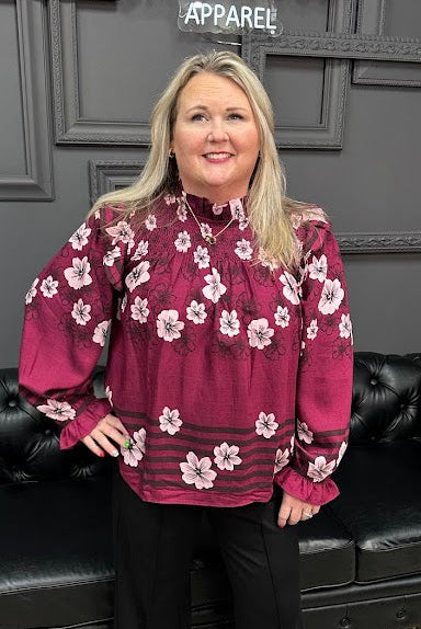 floral blouse, smocked neckline top, ruffle neck blouse, women’s floral top, boutique blouse, everyday blouse, Gypsy River Apparel