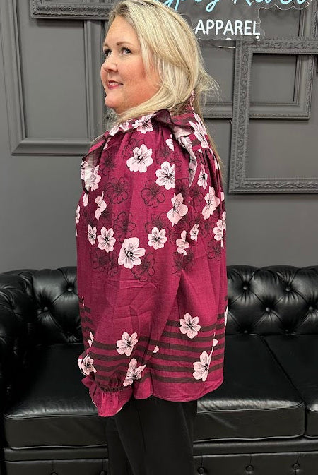 floral blouse, smocked neckline top, ruffle neck blouse, women’s floral top, boutique blouse, everyday blouse, Gypsy River Apparel