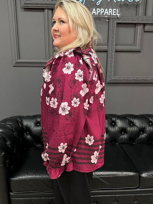 floral blouse, smocked neckline top, ruffle neck blouse, women’s floral top, boutique blouse, everyday blouse, Gypsy River Apparel