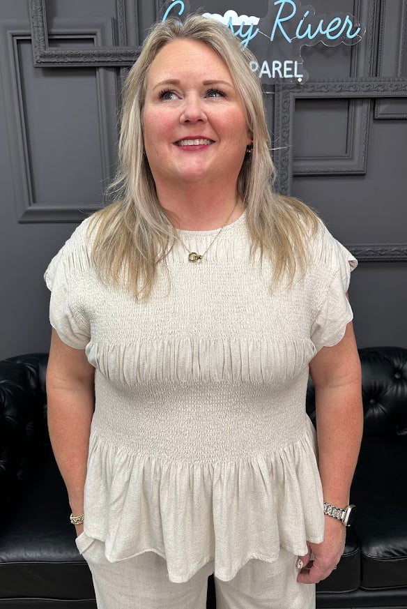 linen blend top, smocked peplum top, scalloped sleeve blouse, women’s summer top, matching set top, boutique tops, Gypsy River Apparel