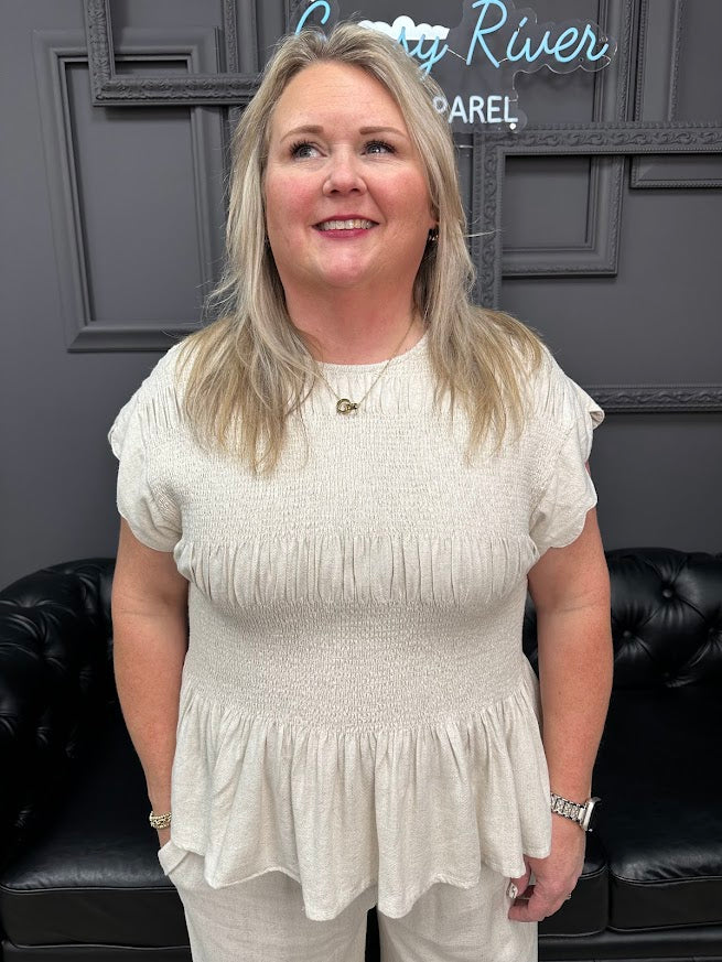 linen blend top, smocked peplum top, scalloped sleeve blouse, women’s summer top, matching set top, boutique tops, Gypsy River Apparel