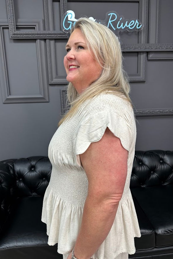 linen blend top, smocked peplum top, scalloped sleeve blouse, women’s summer top, matching set top, boutique tops, Gypsy River Apparel