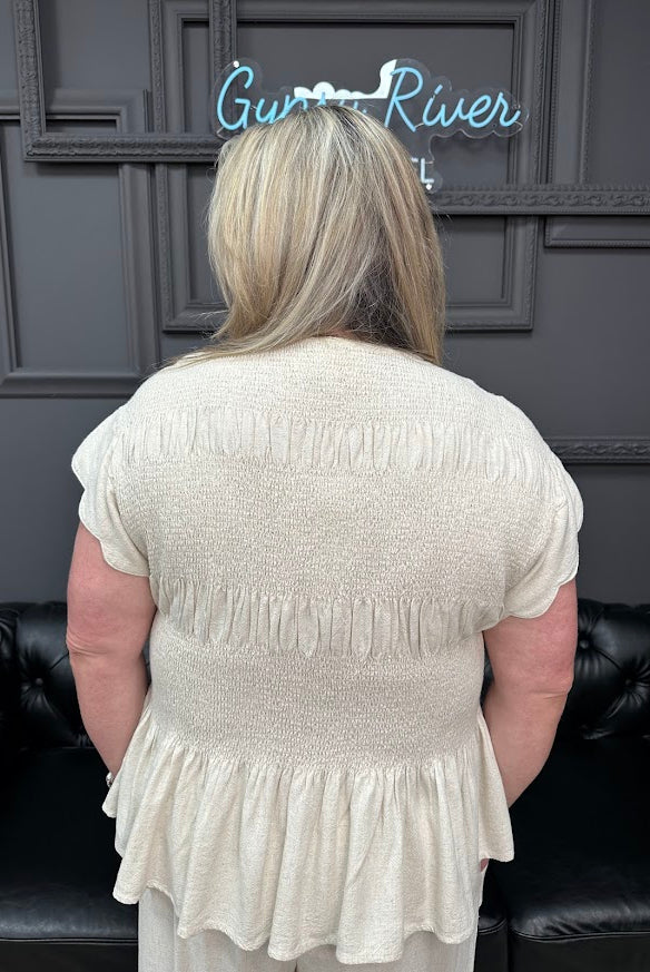 linen blend top, smocked peplum top, scalloped sleeve blouse, women’s summer top, matching set top, boutique tops, Gypsy River Apparel