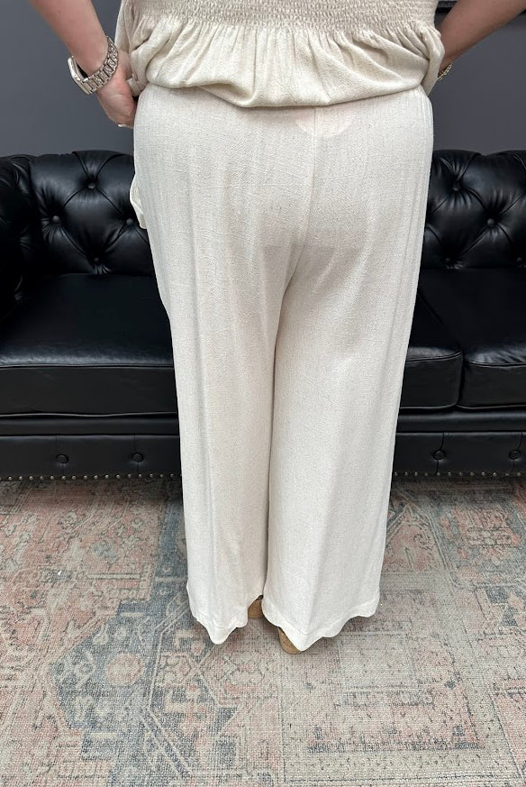 linen blend pants, wide leg pants, scallop hem pants, elastic waist pants, summer pants, matching set pants, boutique bottoms, Gypsy River Apparel