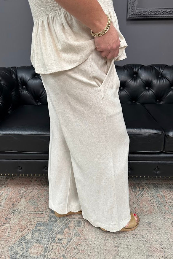 linen blend pants, wide leg pants, scallop hem pants, elastic waist pants, summer pants, matching set pants, boutique bottoms, Gypsy River Apparel