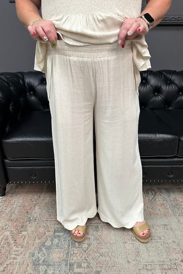 linen blend pants, wide leg pants, scallop hem pants, elastic waist pants, summer pants, matching set pants, boutique bottoms, Gypsy River Apparel