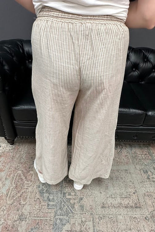 linen blend pants, striped wide leg pants, elastic waist pants, summer pants, women’s linen pants, boutique bottoms, Gypsy River Apparel
