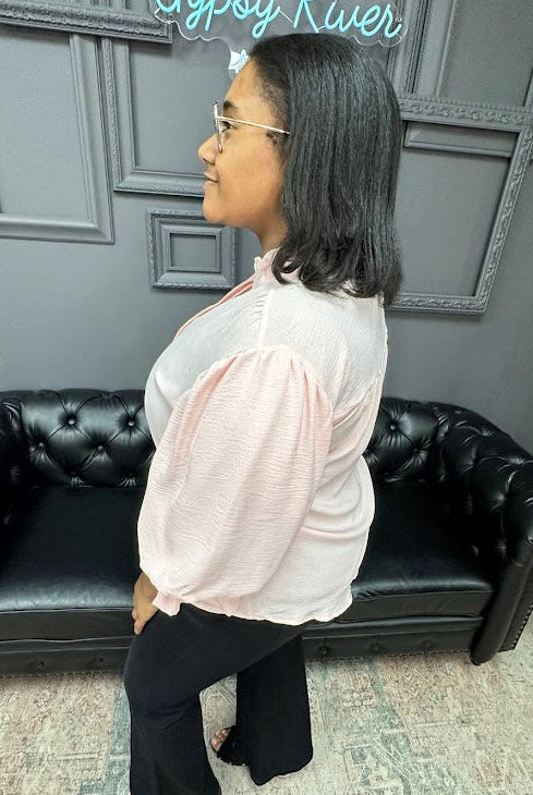 curvy blouse, plus size balloon sleeve blouse, curvy woven top, 3/4 sleeve curvy blouse, women’s curvy tops, boutique curvy clothing, Gypsy River Apparel