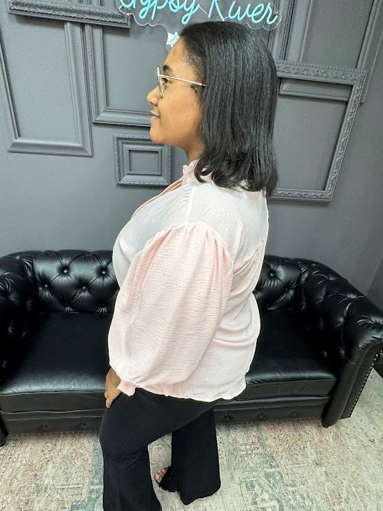 curvy blouse, plus size balloon sleeve blouse, curvy woven top, 3/4 sleeve curvy blouse, women’s curvy tops, boutique curvy clothing, Gypsy River Apparel