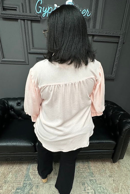 curvy blouse, plus size balloon sleeve blouse, curvy woven top, 3/4 sleeve curvy blouse, women’s curvy tops, boutique curvy clothing, Gypsy River Apparel