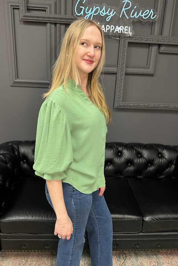 balloon sleeve blouse, 3/4 sleeve blouse, women’s woven top, workwear blouse, boutique tops, everyday blouse, Gypsy River Apparel