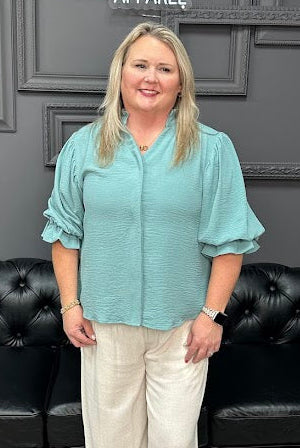 balloon sleeve blouse, 3/4 sleeve blouse, women’s woven top, workwear blouse, boutique tops, everyday blouse, Gypsy River Apparel