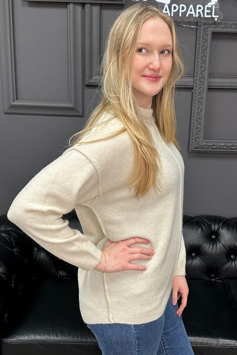 melange sweater, round neck sweater, relaxed fit sweater, front seam sweater, women’s knit sweater, boutique sweaters, Gypsy River Apparel