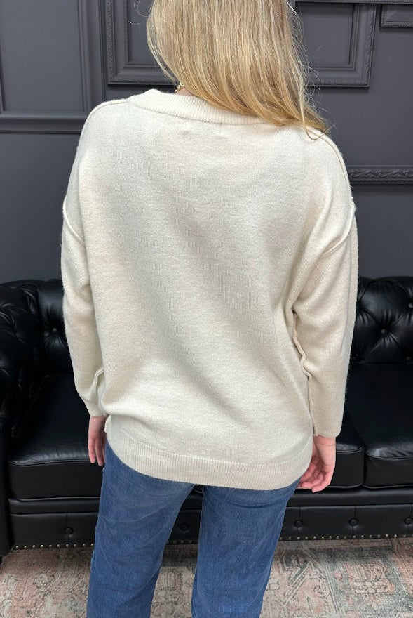 melange sweater, round neck sweater, relaxed fit sweater, front seam sweater, women’s knit sweater, boutique sweaters, Gypsy River Apparel