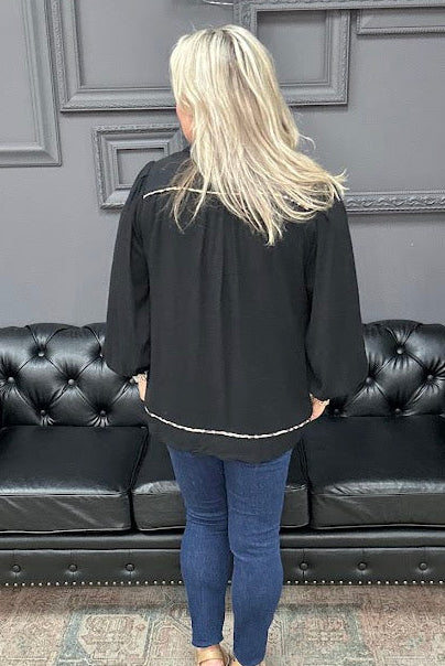 linen blouse, scallop hem top, women’s linen blouse, boutique blouse, bishop sleeve top, work to weekend blouse