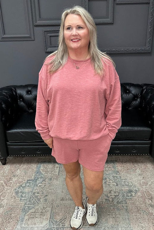 slub knit set, lounge set, pullover and shorts set, women’s matching set, comfy casual set, boutique loungewear, Gypsy River Apparel