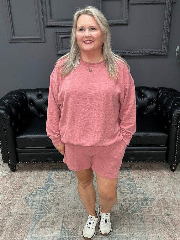 slub knit set, lounge set, pullover and shorts set, women’s matching set, comfy casual set, boutique loungewear, Gypsy River Apparel