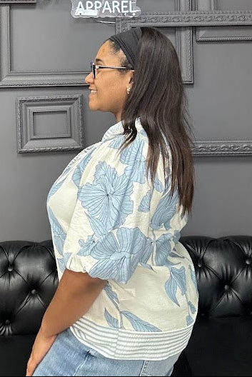 printed woven top, bubble sleeve top, women’s boutique top, contrast trim blouse, everyday blouse, casual work top