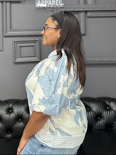 printed woven top, bubble sleeve top, women’s boutique top, contrast trim blouse, everyday blouse, casual work top