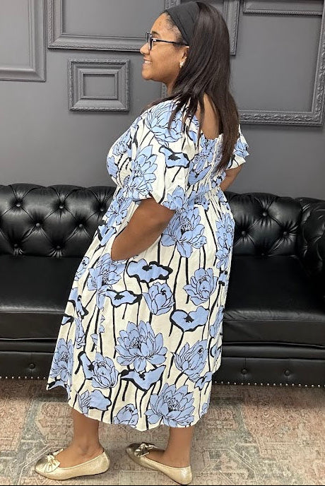 floral midi dress, puff sleeve dress, smocked midi dress, boutique floral dress, women’s midi dress, cotton floral dress