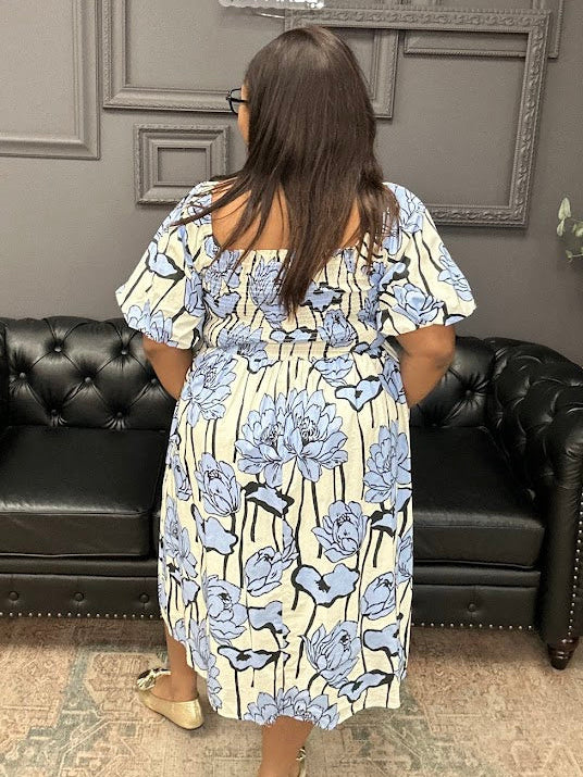 floral midi dress, puff sleeve dress, smocked midi dress, boutique floral dress, women’s midi dress, cotton floral dress