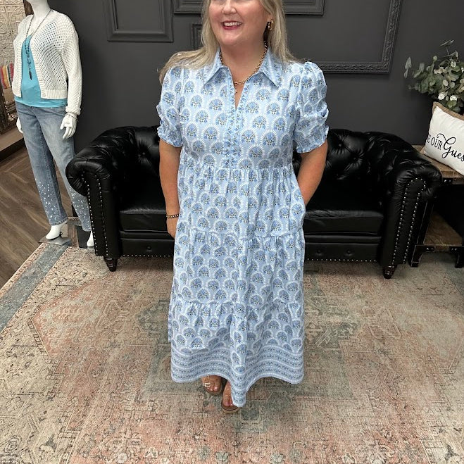 blue midi dress, puff sleeve dress, tiered dress with pockets, printed midi dress, church dress, spring midi dress, feminine everyday dress