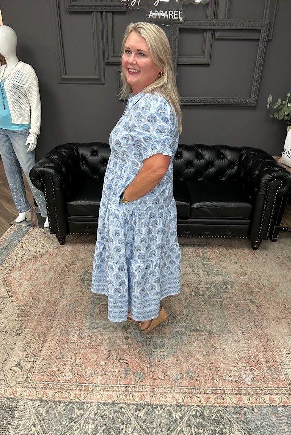 blue midi dress, puff sleeve dress, tiered dress with pockets, printed midi dress, church dress, spring midi dress, feminine everyday dress