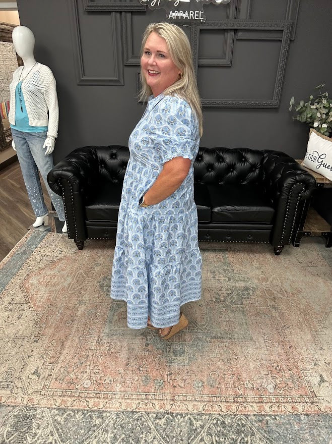 blue midi dress, puff sleeve dress, tiered dress with pockets, printed midi dress, church dress, spring midi dress, feminine everyday dress