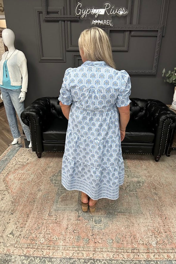 blue midi dress, puff sleeve dress, tiered dress with pockets, printed midi dress, church dress, spring midi dress, feminine everyday dress