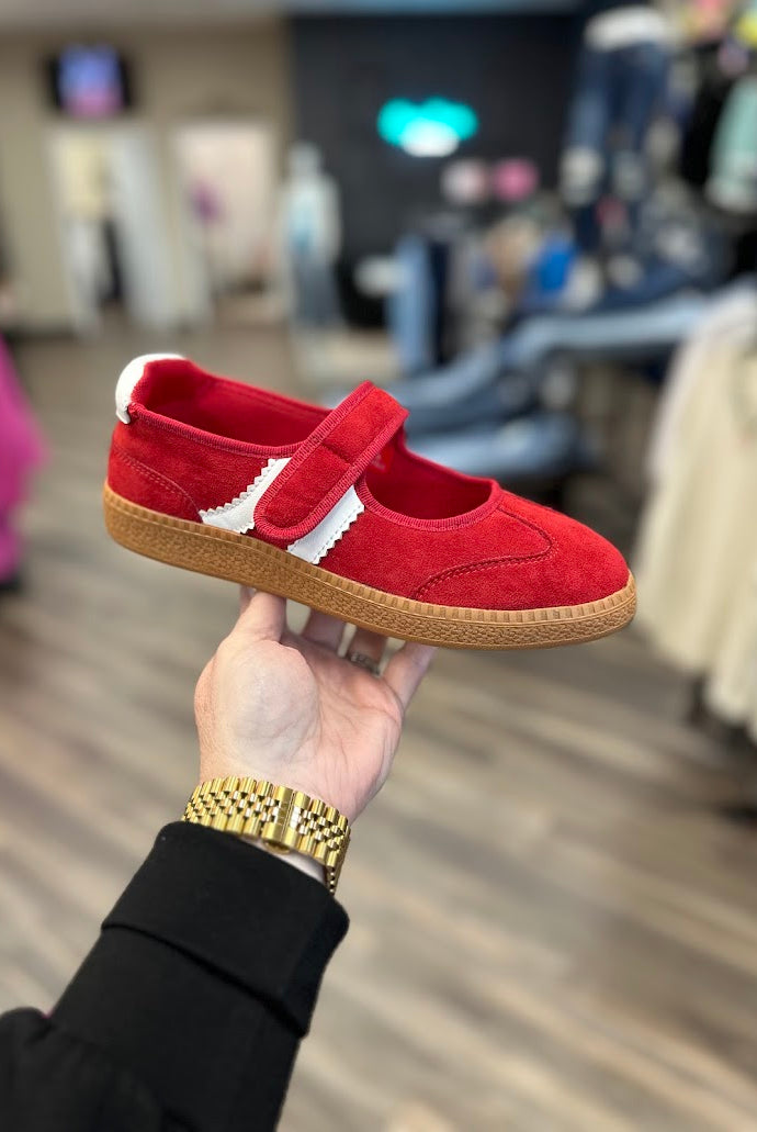 Mary Jane sneaker, Corkys shoes, casual sneakers for women, suede Mary Jane, red sneakers, taupe sneakers, everyday comfort shoes, boutique sneakers