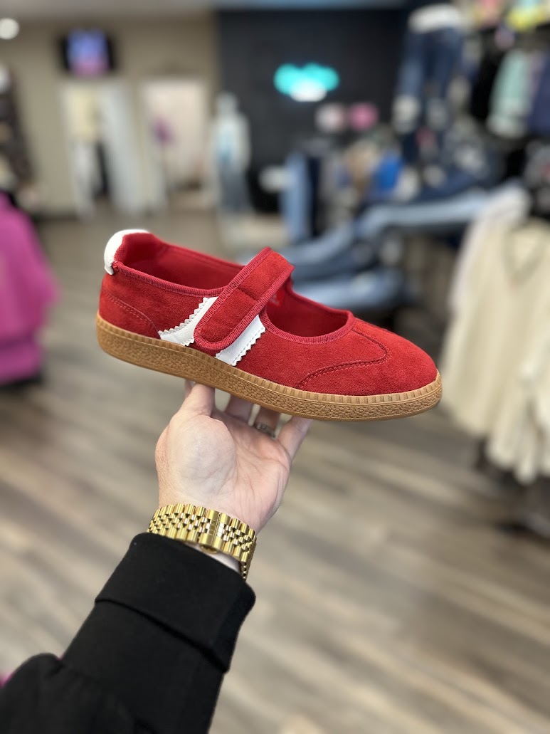 Mary Jane sneaker, Corkys shoes, casual sneakers for women, suede Mary Jane, red sneakers, taupe sneakers, everyday comfort shoes, boutique sneakers