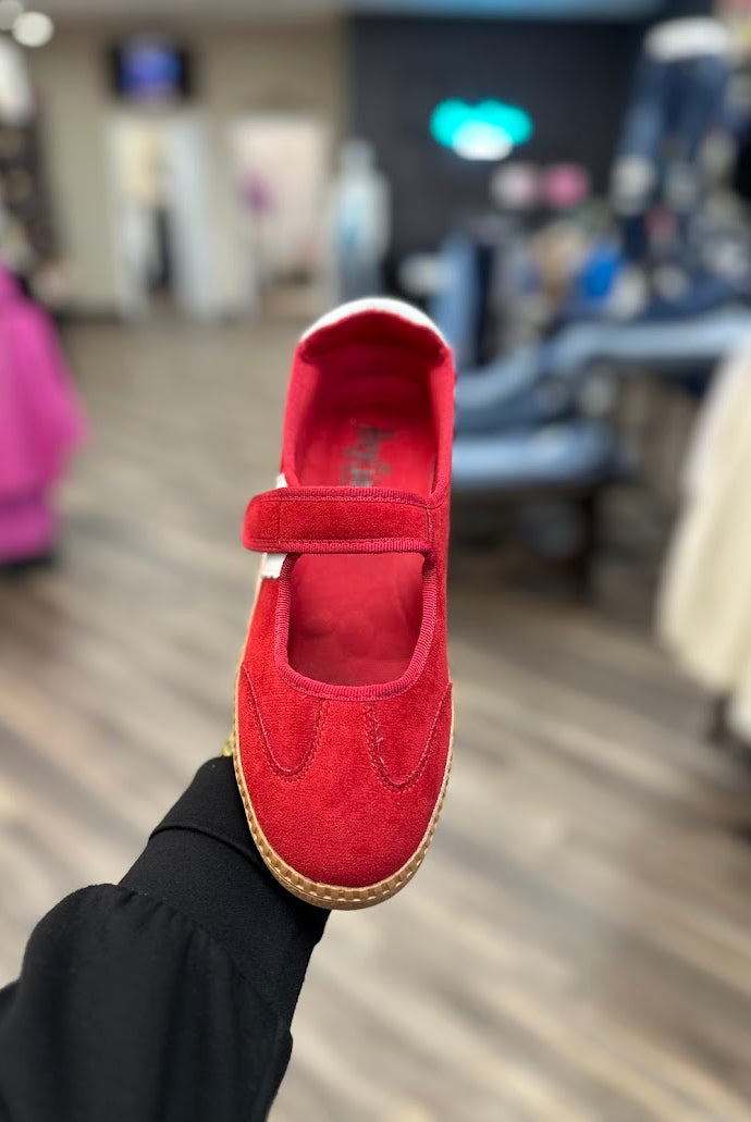 Mary Jane sneaker, Corkys shoes, casual sneakers for women, suede Mary Jane, red sneakers, taupe sneakers, everyday comfort shoes, boutique sneakers