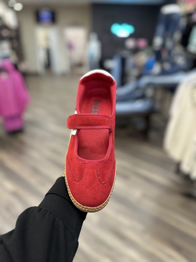 Mary Jane sneaker, Corkys shoes, casual sneakers for women, suede Mary Jane, red sneakers, taupe sneakers, everyday comfort shoes, boutique sneakers