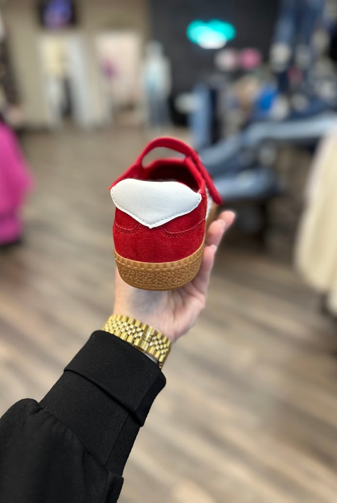 Mary Jane sneaker, Corkys shoes, casual sneakers for women, suede Mary Jane, red sneakers, taupe sneakers, everyday comfort shoes, boutique sneakers