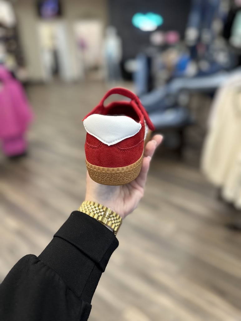 Mary Jane sneaker, Corkys shoes, casual sneakers for women, suede Mary Jane, red sneakers, taupe sneakers, everyday comfort shoes, boutique sneakers