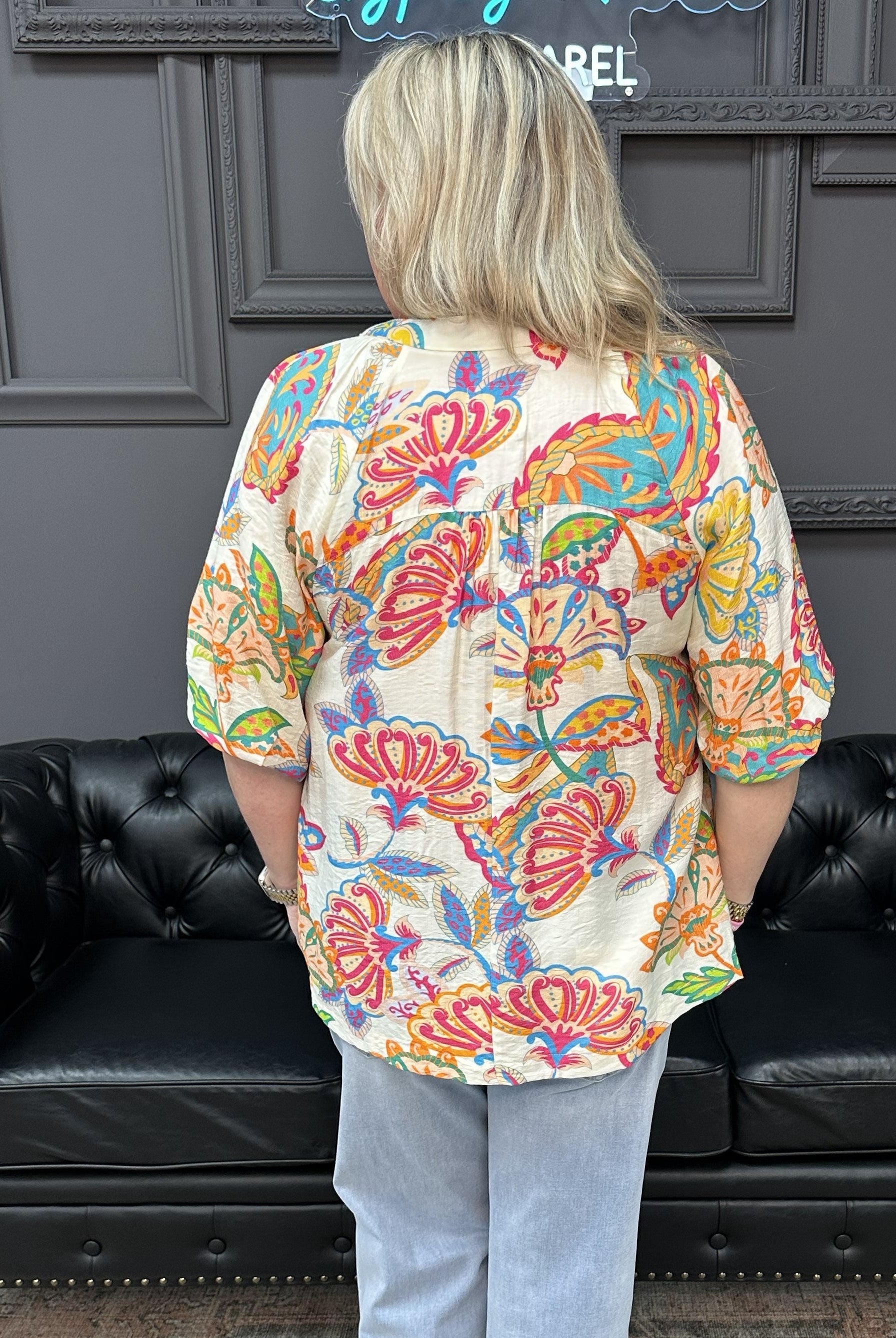 paisley print blouse, colorful paisley top, cream paisley blouse, boutique printed blouse, vibrant women’s blouse, rayon paisley shirt
