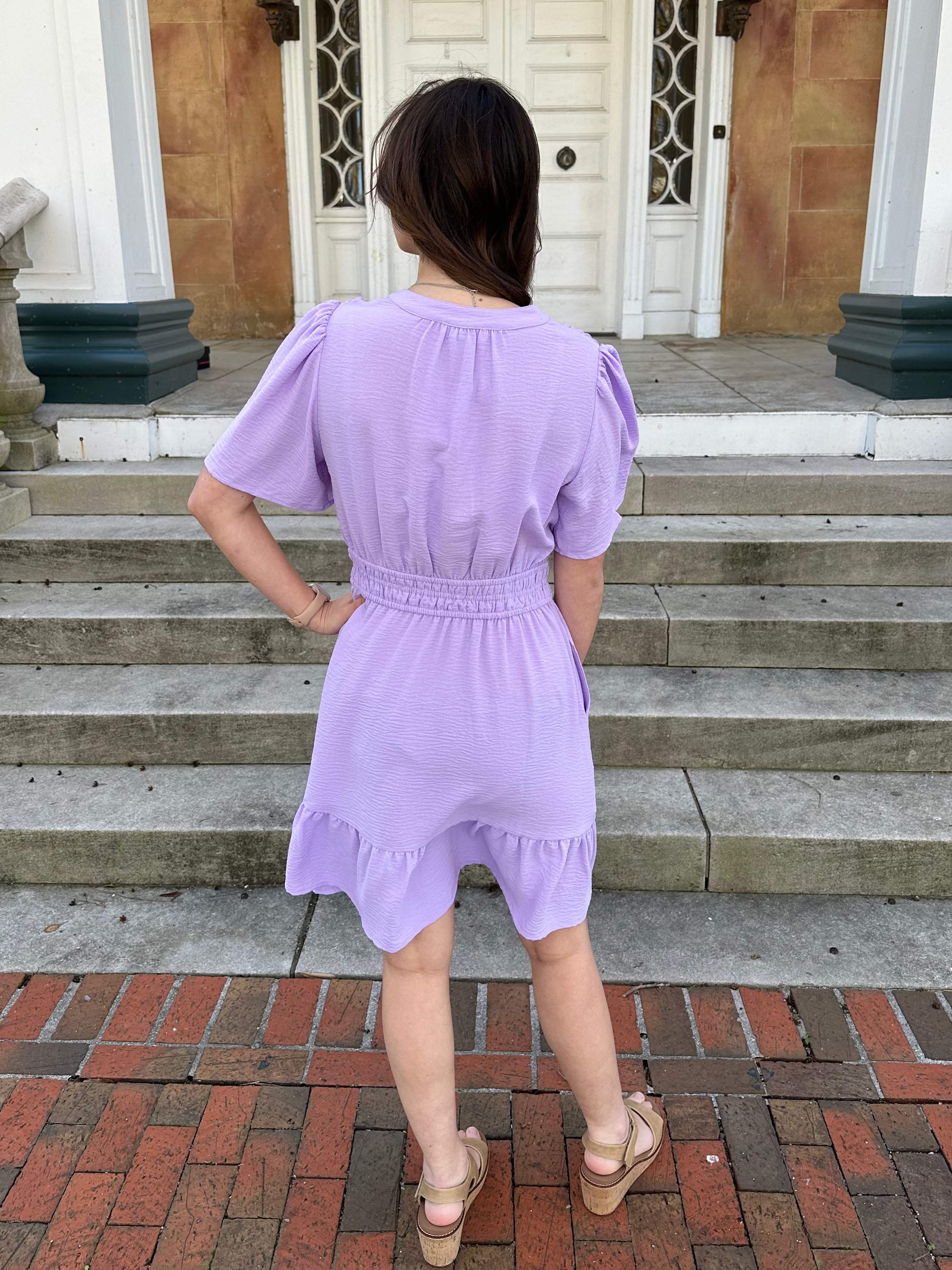 lavender mini dress, bell sleeve dress, casual spring dress, lightweight mini dress, dresses with pockets, pastel boutique dress, flowy everyday dress