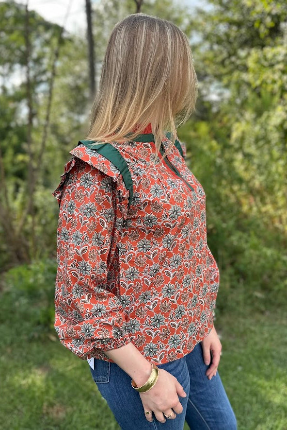 rust floral blouse, statement sleeve top, ruffle collar blouse, boho chic blouse, bold print blouse, dressy fall blouse, long sleeve floral top, pleated shoulder blouse, unique work blouse