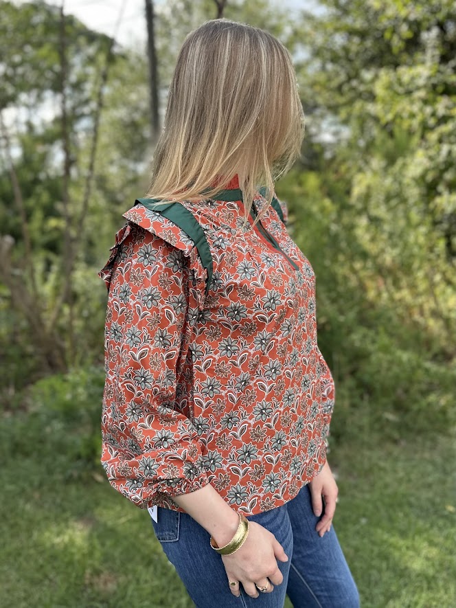 rust floral blouse, statement sleeve top, ruffle collar blouse, boho chic blouse, bold print blouse, dressy fall blouse, long sleeve floral top, pleated shoulder blouse, unique work blouse