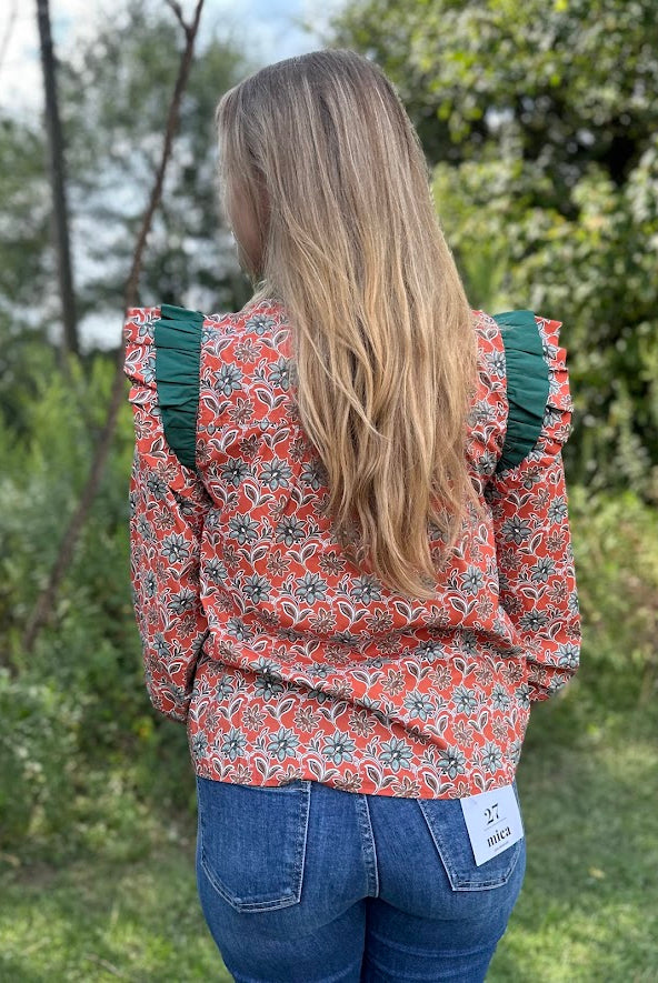 rust floral blouse, statement sleeve top, ruffle collar blouse, boho chic blouse, bold print blouse, dressy fall blouse, long sleeve floral top, pleated shoulder blouse, unique work blouse
