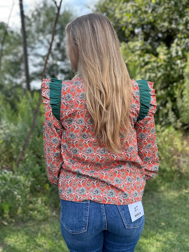 rust floral blouse, statement sleeve top, ruffle collar blouse, boho chic blouse, bold print blouse, dressy fall blouse, long sleeve floral top, pleated shoulder blouse, unique work blouse