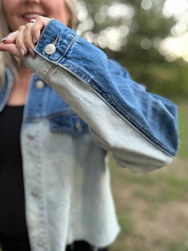 Two-Tone Colorblock Cropped Denim Jacket