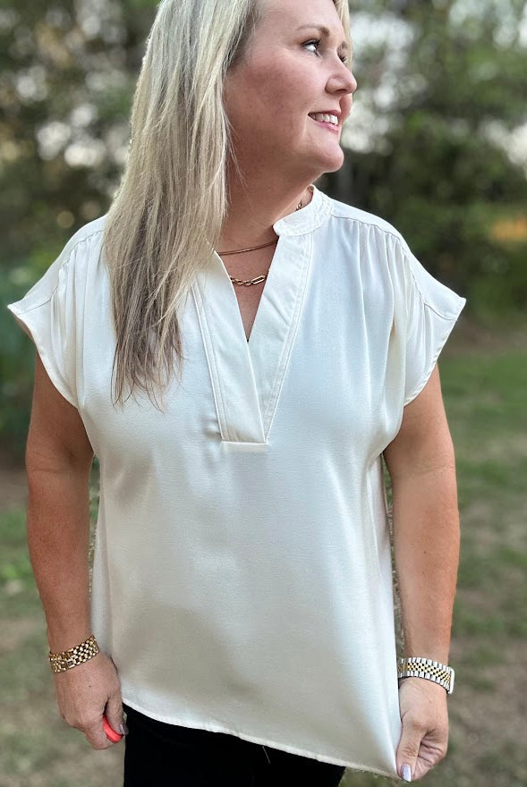 Ivory V-Neck Shirred Shoulder Blouse