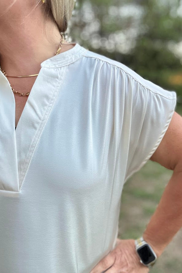 Ivory V-Neck Shirred Shoulder Blouse